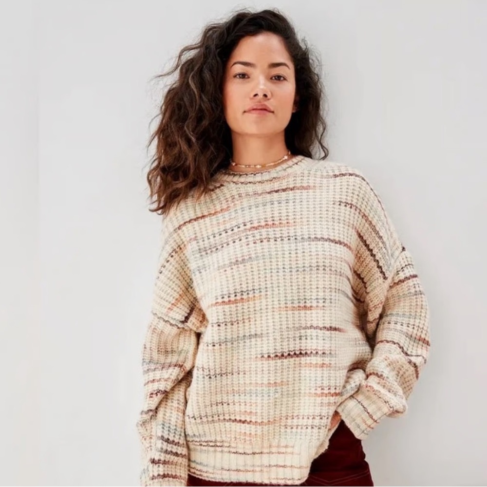 American Eagle Oversized Crew Neck Sweater Women Striped Cream Size XS